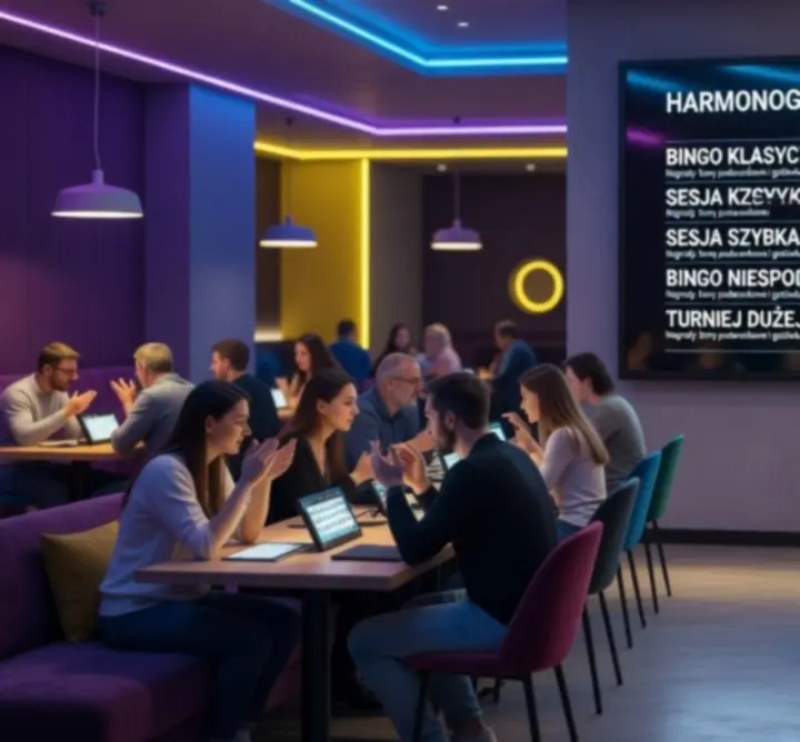 Harmonogram wydarzeń bingo w Petoventra Club przedstawiony na planszy z kartami bingo.