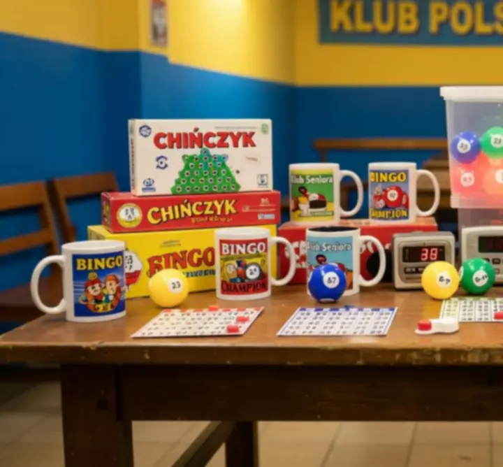 Stolik z nagrodami przygotowanymi dla zwycięzców wieczoru bingo.