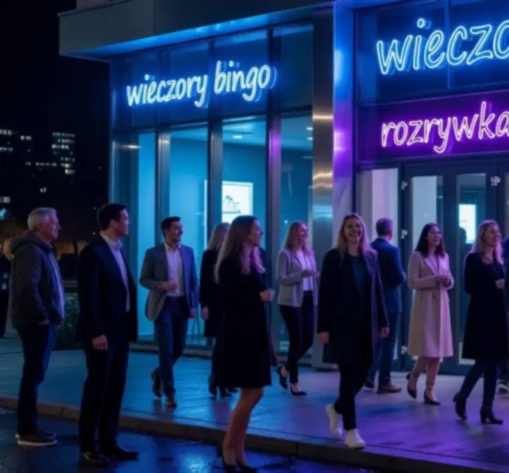 Nowoczesna sala klubu bingo z uczestnikami grającymi w bingo