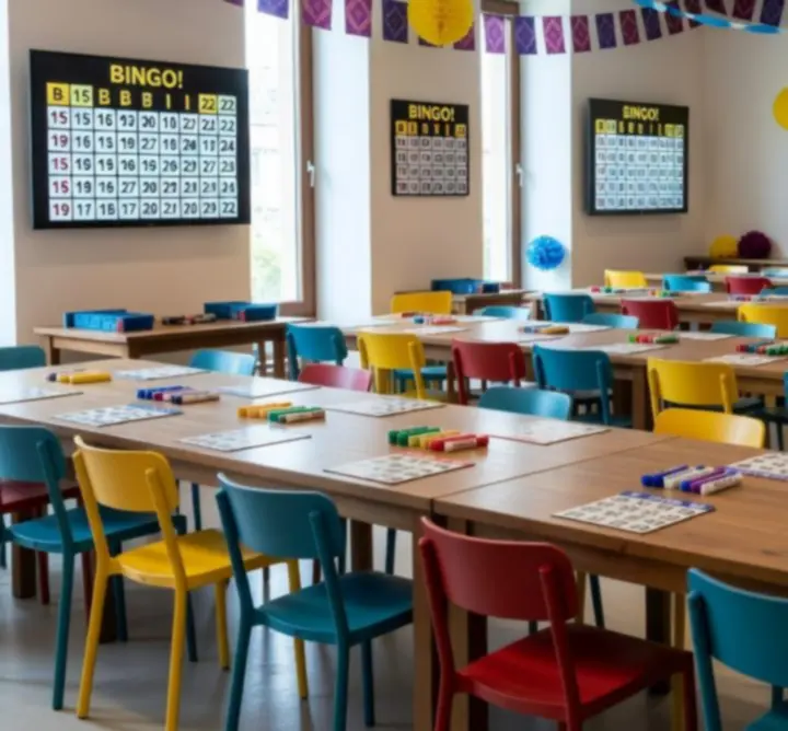 Nowoczesne wnętrze klubu bingo z eleganckimi stolikami i kartami bingo