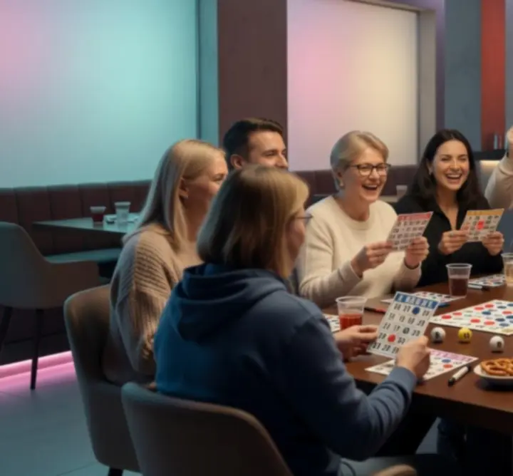 Grupa osób bawiących się na wieczorze bingo w przyjaznej atmosferze klubu