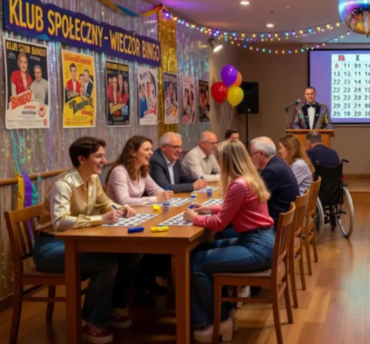 Tematyczny wieczór bingo w klubie, uczestnicy grają przy kolorowych kartach bingo.